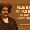Portrait of Raja Ram Mohan Roy with the title “The First Modern Indian” and tribal design background.
