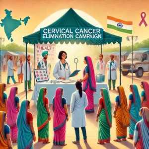 Illustration of Indian women doctors conducting a Cervical Cancer Elimination Campaign in rural Jharkhand, featuring a female doctor in a white coat interacting with traditionally dressed women, with a medical camp, awareness posters, and a Jharkhand map in the background.