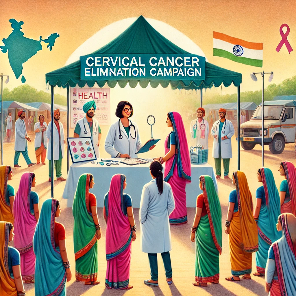 Illustration of Indian women doctors conducting a Cervical Cancer Elimination Campaign in rural Jharkhand, featuring a female doctor in a white coat interacting with traditionally dressed women, with a medical camp, awareness posters, and a Jharkhand map in the background.