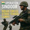 Operation Sindoor graphic featuring Indian soldier silhouette and simplified map outline without labels.