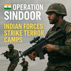 Operation Sindoor graphic featuring Indian soldier silhouette and simplified map outline without labels.