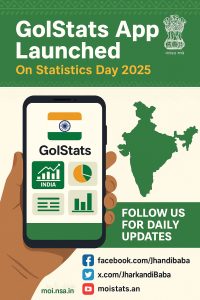 GoIStats App launched by MoSPI on Statistics Day 2025, showing India map, app icons, and official links.