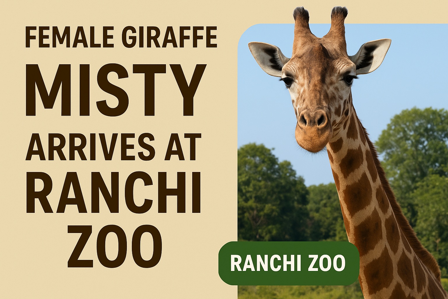 Promotional graphic announcing the arrival of female giraffe Misty at Ranchi Zoo, with bold text on a beige background and a close-up of Misty against a green, tree-filled backdrop