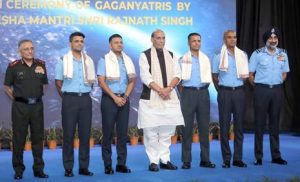 The image above captures a proud moment from the felicitation ceremony of India’s Gaganyatris by Raksha Mantri Shri Rajnath Singh. The honored astronauts, dressed in their Indian Air Force uniforms alongside senior military officials and the Defence Minister, represent the nation’s leap into human spaceflight through ISRO’s Gaganyaan mission.