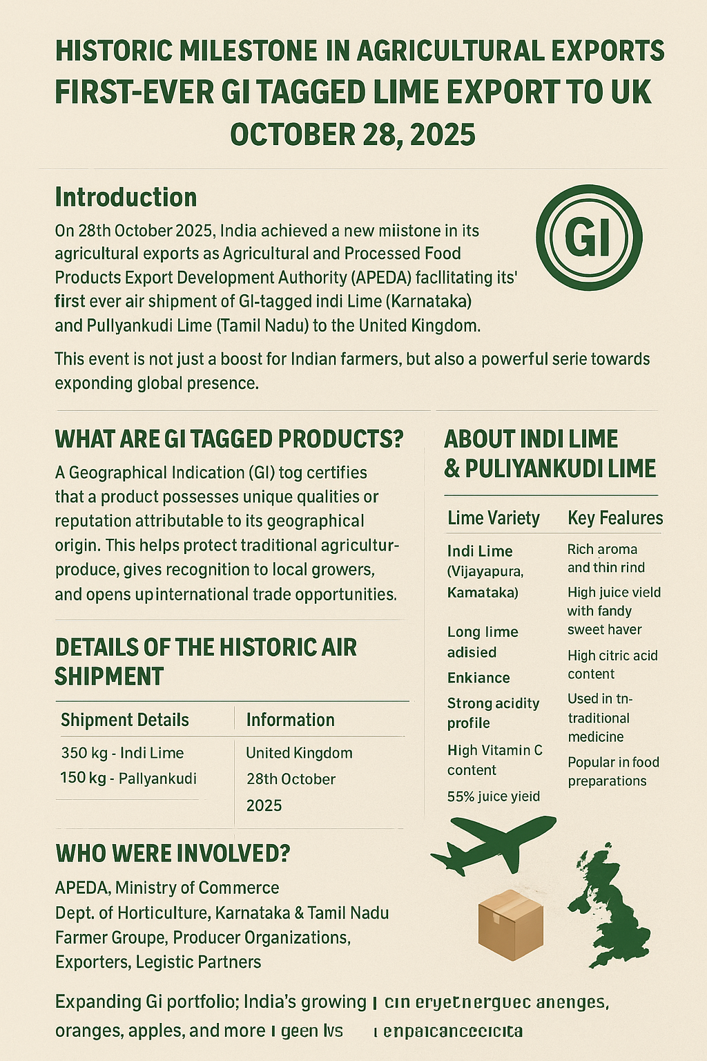 APEDA GI Tagged Lime Export - First-ever air shipment of GI tagged Indi and Puliyankudi Limes from Karnataka and Tamil Nadu to United Kingdom