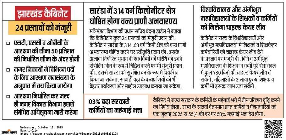 Jharkhand Cabinet Decisions 2025 – Saranda Wildlife Sanctuary & DA Hike