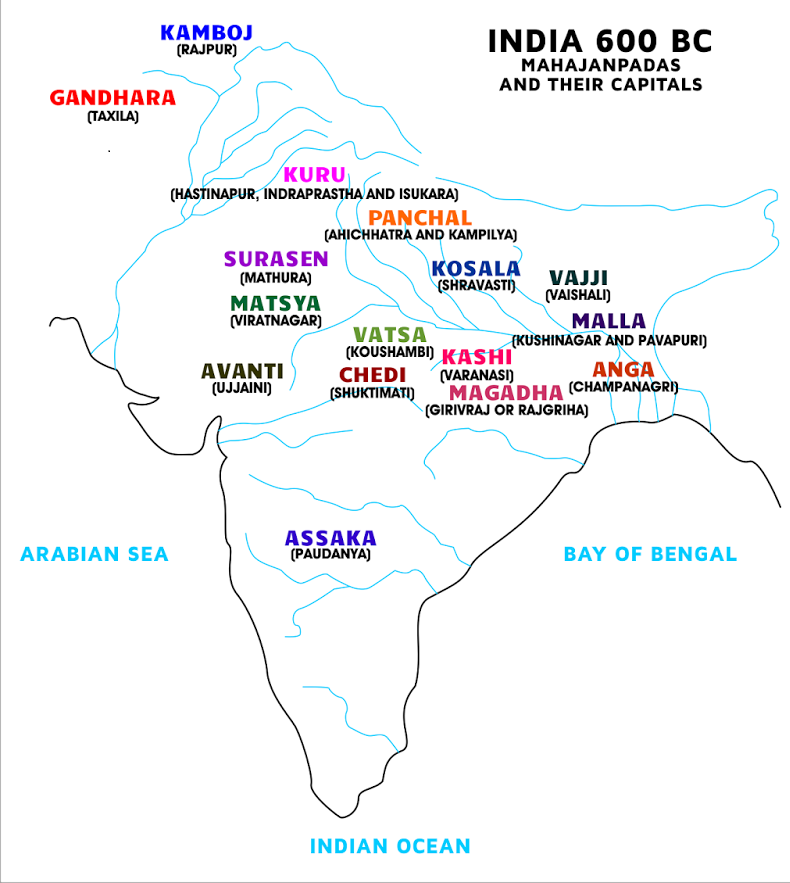 Map showing 16 Mahajanapadas of Ancient India with their capitals and geographic locations across the Indian subcontinent