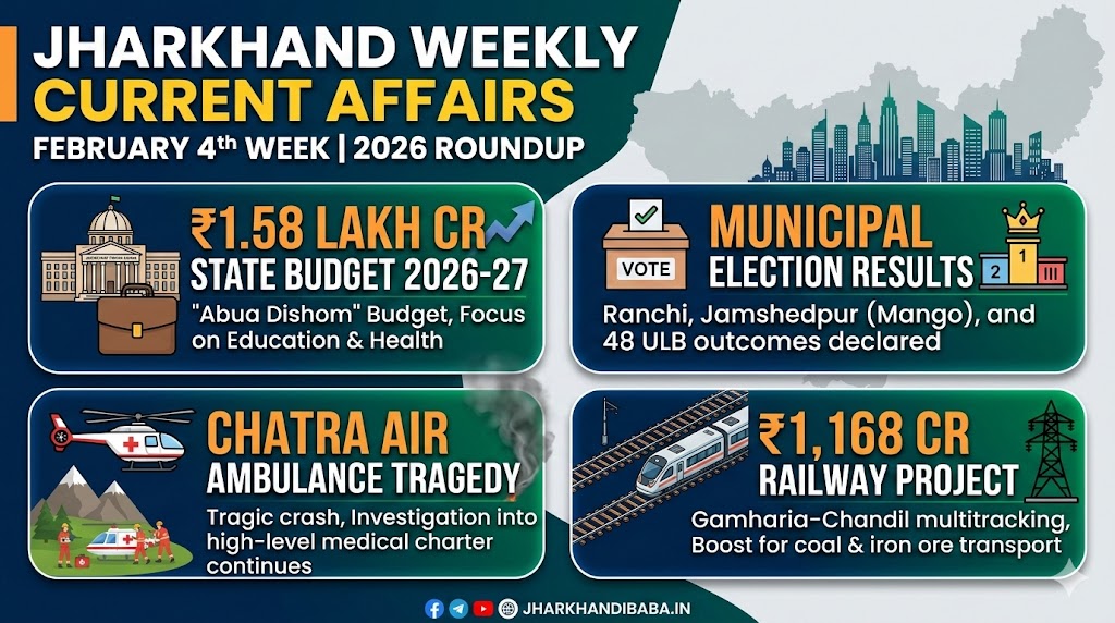 Infographic banner for Jharkhand Weekly Current Affairs February 4th Week 2026, featuring sections on the State Budget, Municipal Election Results, Chatra Air Ambulance Tragedy, and the Gamharia-Chandil Railway Project.Jharkhand Current Affairs