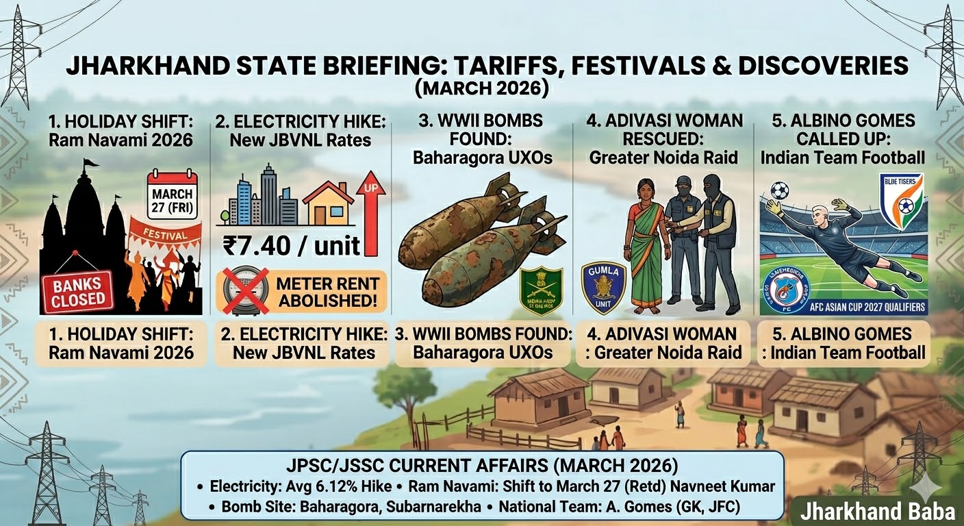 Infographic of Jharkhand news March 2026 covering 6.12% JSERC electricity tariff hike, Ram Navami holiday shift to March 27, WWII bombs found in Baharagora, and Albino Gomes Indian team selection.
