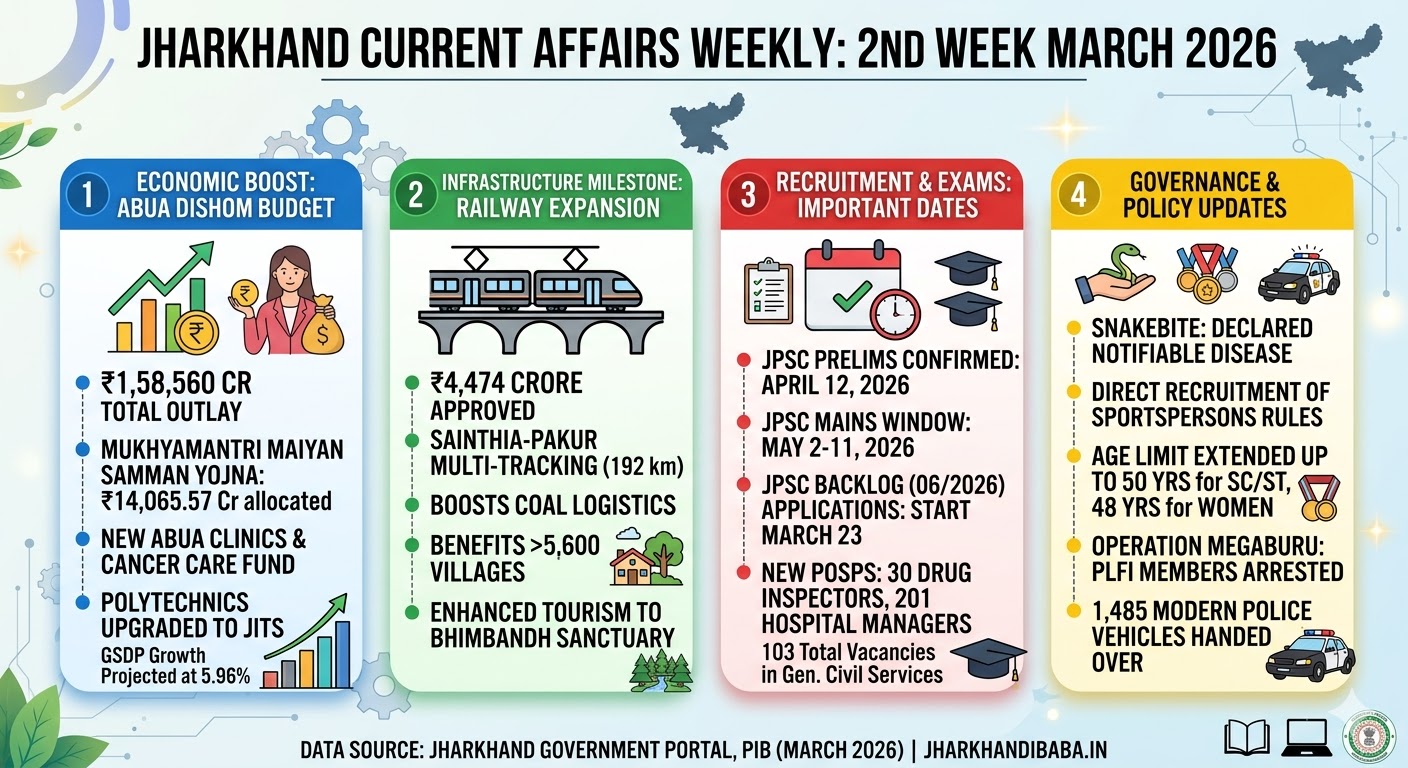 Jharkhand Current Affairs March 2026 (Week 2): Infographic of Jharkhand Current Affairs March 2nd Week 2026 covering Abua Dishom Budget, Railway projects, JPSC exam dates, and new sports recruitment rules.