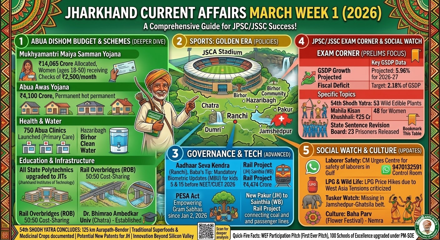 An infographic-style featured image titled "JHARKHAND CURRENT AFFAIRS MARCH WEEK 1 (2026)." The design features a professional, news-magazine layout with a vibrant green and gold theme. On the left, a friendly "Jharkhandi Baba" character in a turban points toward a central map of Jharkhand marked with key locations like Ranchi, Chatra, and Hazaribagh. The image is divided into four main information blocks detailing the "Abua Dishom" Budget, Sports updates (including a T20 World Cup icon), Governance & Tech, and a dedicated "Exam Corner" table for JPSC/JSSC aspirants.