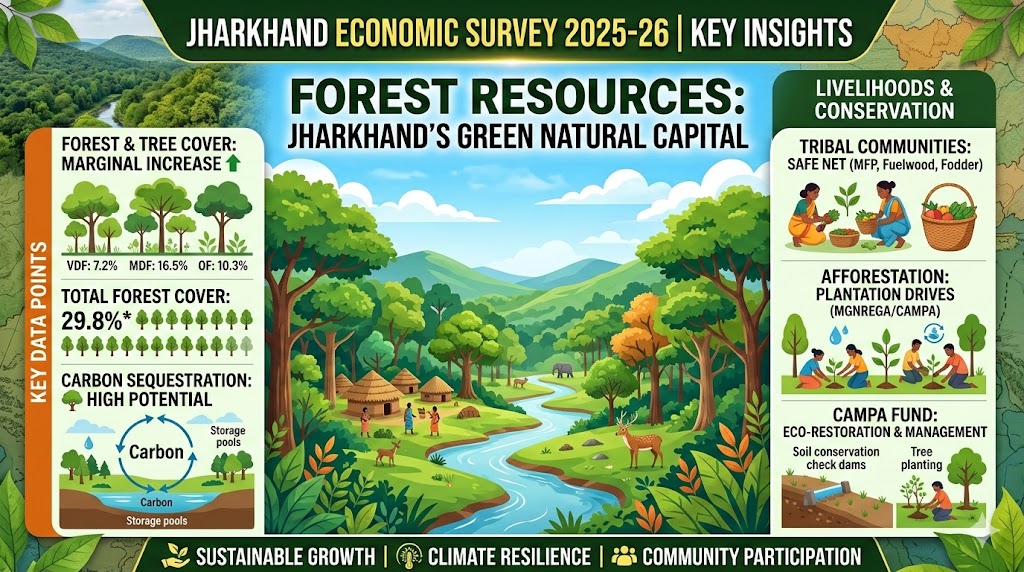 Infographic of Jharkhand Economic Survey 2025-26 Forest Resources showing forest cover percentages, carbon sequestration pools, CAMPA fund usage, and tribal livelihoods in Jharkhand.