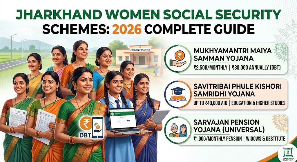 Infographic of Social Security Schemes for Women in Jharkhand 2026 showing Maiya Samman Yojana monthly 2500 benefit, Savitribai Phule education grants, and Sarvajan Pension details with women in traditional attire and digital DBT icons.