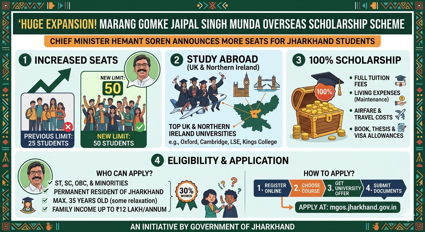 Marang Gomke Scholarship 2026: Infographic of Marang Gomke Jaipal Singh Munda Overseas Scholarship Scheme 2026 showing seat increase from 25 to 50 for Jharkhand students to study in UK.