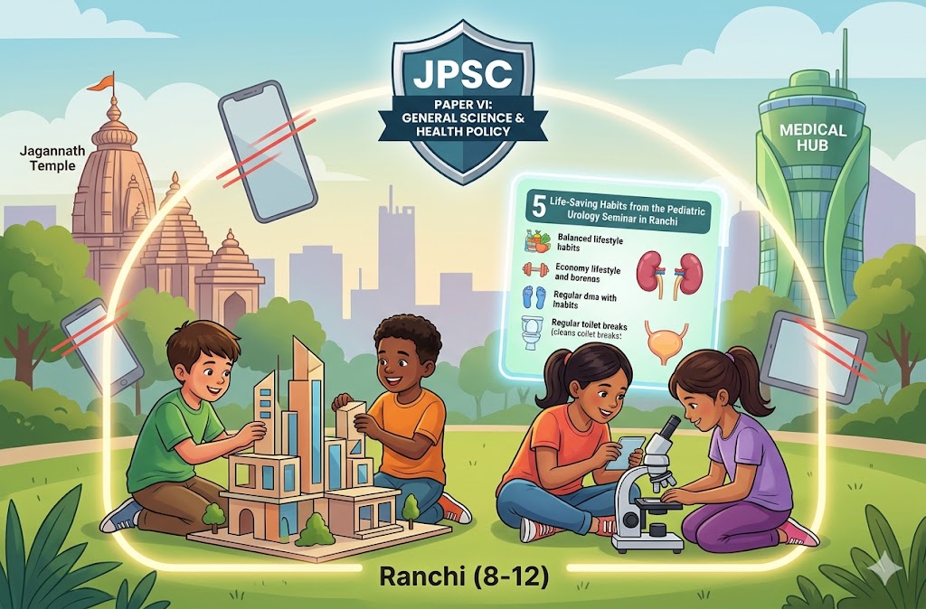 Pediatric Urology Seminar in Ranchi highlighting gadget addiction and JPSC science notes.