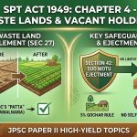 SPT Act 1949 Chapter 4 Infographic detailing Settlement of Waste Land (Sec 27) and DC's Suo Motu Ejectment powers (Sec 42) under SPT Act 1949