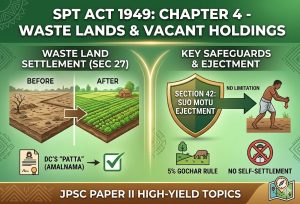 SPT Act 1949 Chapter 4 Infographic detailing Settlement of Waste Land (Sec 27) and DC's Suo Motu Ejectment powers (Sec 42) under SPT Act 1949