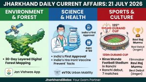 Infographic summarizing Jharkhand Daily Current Affairs for 21 July 2026, featuring sections on Digital Forest Mapping, QDENGA Dengue Vaccine, and the Durand Cup in Ranchi.