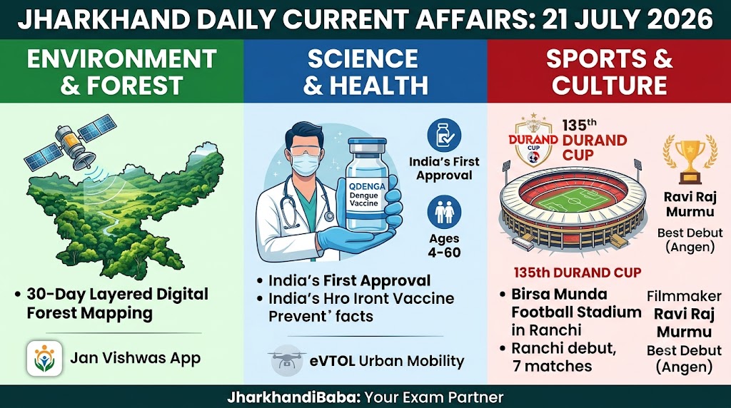 Infographic summarizing Jharkhand Daily Current Affairs for 21 July 2026, featuring sections on Digital Forest Mapping, QDENGA Dengue Vaccine, and the Durand Cup in Ranchi.