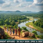 Featured image for Jharkhand Current Affairs 26 July 2026 showing a panoramic landscape of a river and forest in Jharkhand with a group of tribal people walking on a trail, alongside icons and news headlines about the SIR 2026 Voter ID card, NEET Dispute, Sarnath UNESCO site, and a 108 Ambulance.