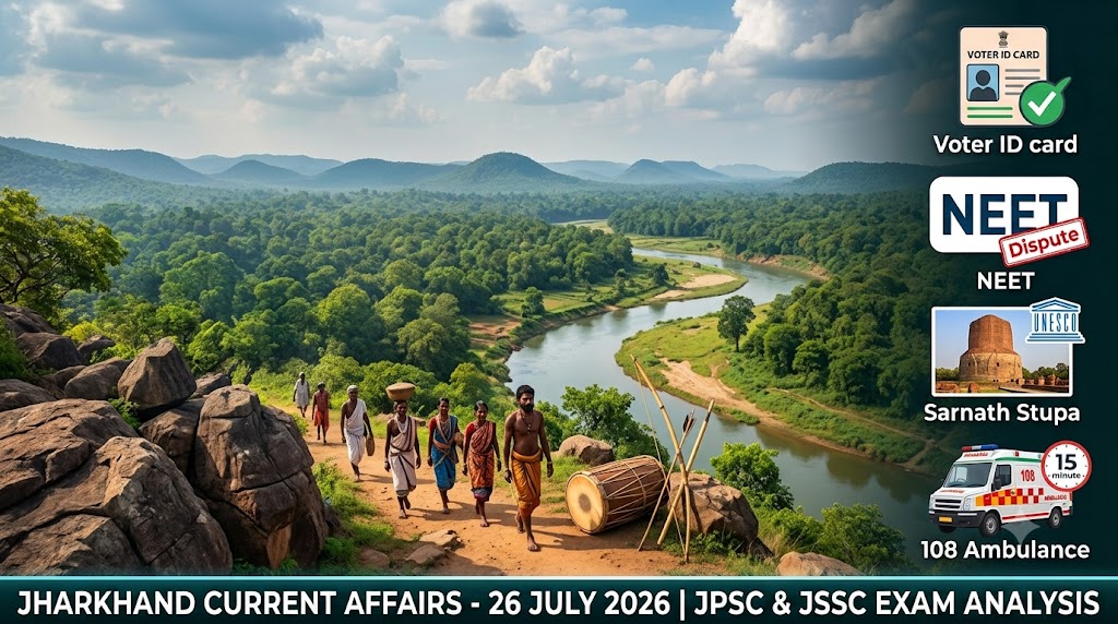 Featured image for Jharkhand Current Affairs 26 July 2026 showing a panoramic landscape of a river and forest in Jharkhand with a group of tribal people walking on a trail, alongside icons and news headlines about the SIR 2026 Voter ID card, NEET Dispute, Sarnath UNESCO site, and a 108 Ambulance.