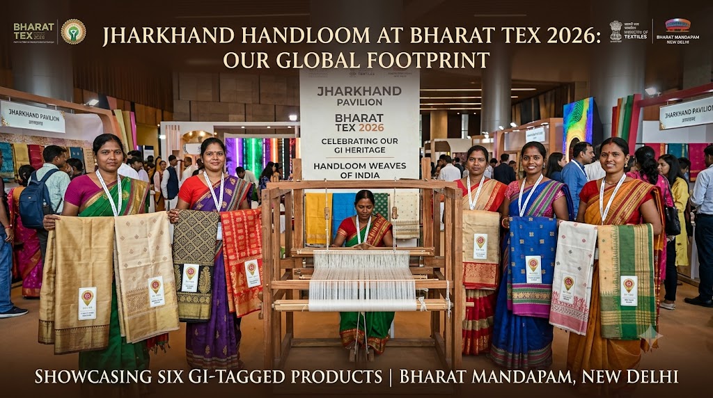 Group of tribal women artisans proudly showcasing Jharkhand's six GI-tagged handloom silk sarees and fabrics around a traditional wooden handloom at the Jharkhand Pavilion in Bharat Tex 2026, Bharat Mandapam, New Delhi.