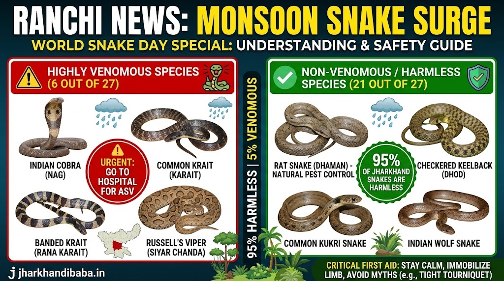 Infographic showing venomous vs non-venomous snakes in Jharkhand by jharkhandibaba.in