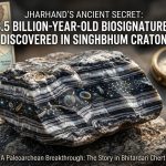 3.5-billion-year-old banded chert rock sample with glowing microbial biosignatures and chemical structures from the Singhbhum Craton in Jharkhand.