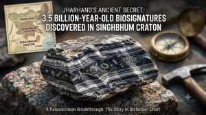 3.5-billion-year-old banded chert rock sample with glowing microbial biosignatures and chemical structures from the Singhbhum Craton in Jharkhand.