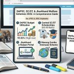 Detailed infographic titled "DAPSC, SC/ST, & Jharkhand Welfare Schemes 2026: A Comprehensive Guide" summarizing key schemes for JPSC and JSSC aspirants. Includes four main sections with graphs and icons: 1. DAPSC Budget Utilization (93.83% High Use), 2. Central SC/ST Scholarships (60:40 Ratio), 3. Jharkhand e-Kalyan Portal (laptop icon), and 4. Marang Gomke Overseas Scheme (globe, plane, and passport). Surroundings feature textbooks on Jharkhand Economy and Polity, a "JPSC notes" binder, a "JHARKHANDI BABA" elephant figurine, and a phone displaying "Welfare Schemes 2026."