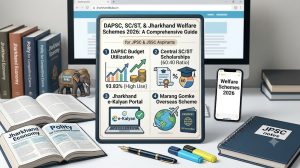 Detailed infographic titled "DAPSC, SC/ST, & Jharkhand Welfare Schemes 2026: A Comprehensive Guide" summarizing key schemes for JPSC and JSSC aspirants. Includes four main sections with graphs and icons: 1. DAPSC Budget Utilization (93.83% High Use), 2. Central SC/ST Scholarships (60:40 Ratio), 3. Jharkhand e-Kalyan Portal (laptop icon), and 4. Marang Gomke Overseas Scheme (globe, plane, and passport). Surroundings feature textbooks on Jharkhand Economy and Polity, a "JPSC notes" binder, a "JHARKHANDI BABA" elephant figurine, and a phone displaying "Welfare Schemes 2026."