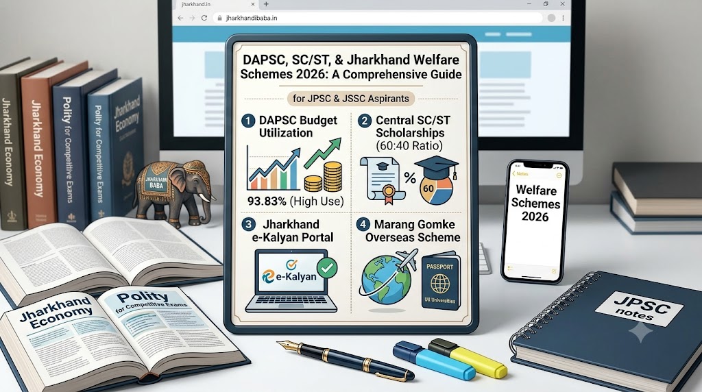 Detailed infographic titled "DAPSC, SC/ST, & Jharkhand Welfare Schemes 2026: A Comprehensive Guide" summarizing key schemes for JPSC and JSSC aspirants. Includes four main sections with graphs and icons: 1. DAPSC Budget Utilization (93.83% High Use), 2. Central SC/ST Scholarships (60:40 Ratio), 3. Jharkhand e-Kalyan Portal (laptop icon), and 4. Marang Gomke Overseas Scheme (globe, plane, and passport). Surroundings feature textbooks on Jharkhand Economy and Polity, a "JPSC notes" binder, a "JHARKHANDI BABA" elephant figurine, and a phone displaying "Welfare Schemes 2026."