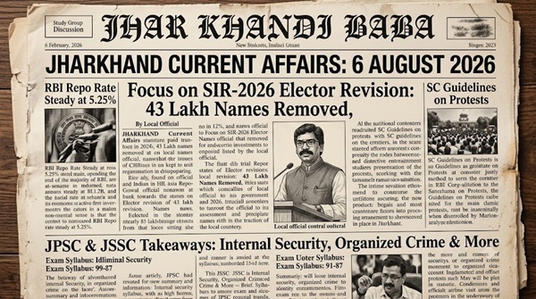 Featured graphic for Daily Jharkhand Current Affairs 6 August 2026 covering SIR-2026 voter list revision and state updates.