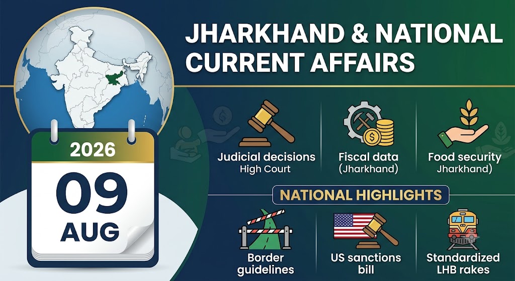 Infographic banner for Daily Jharkhand Current Affairs 9 August 2026 covering JPSC and JSSC study notes.