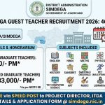 EMRS Simdega Guest Teacher Recruitment 2026 notification infographic detailing 46 PGT, TGT, and PET vacancies by ITDA Simdega