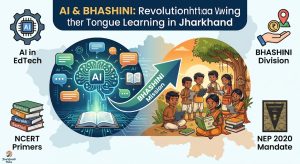 Infographic explaining How AI & BHASHINI Revolutionize Mother Tongue Learning in Jharkhand, featuring NEP 2020 and tribal language primers.