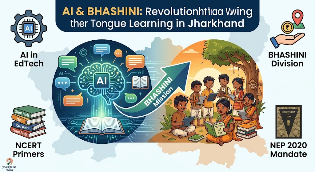 Infographic explaining How AI & BHASHINI Revolutionize Mother Tongue Learning in Jharkhand, featuring NEP 2020 and tribal language primers.