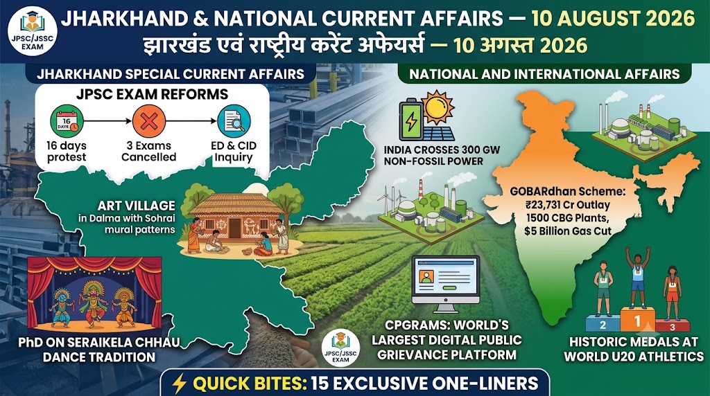 Infographic header featuring key topics of Jharkhand Current Affairs for 10 August 2026, including JPSC exam cancellations, Adivasi Mahotsav, and the GOBARdhan Scheme over a map of Jharkhand. Jharkhand Current Affairs 10 August 2026