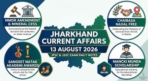 Jharkhand Current Affairs 13 August 2026 daily notes infographic featuring MMDR Act, Chaibasa Naxal update, Sangeet Natak Akademi Award, and Mancki Munda Scholarship