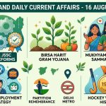 Jharkhand Current Affairs 16 August 2026 infographic covering JPSC and JSSC exam reforms, Birsa Harit Gram Yojana, and Mukhyamantri Maiya Samman Yojana