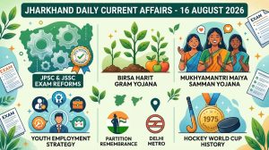 Jharkhand Current Affairs 16 August 2026 infographic covering JPSC and JSSC exam reforms, Birsa Harit Gram Yojana, and Mukhyamantri Maiya Samman Yojana