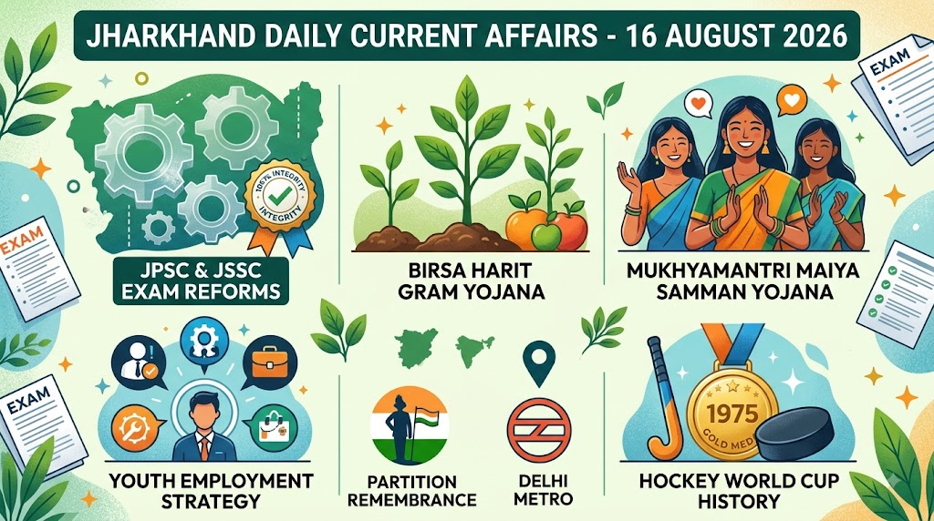 Jharkhand Current Affairs 16 August 2026 infographic covering JPSC and JSSC exam reforms, Birsa Harit Gram Yojana, and Mukhyamantri Maiya Samman Yojana