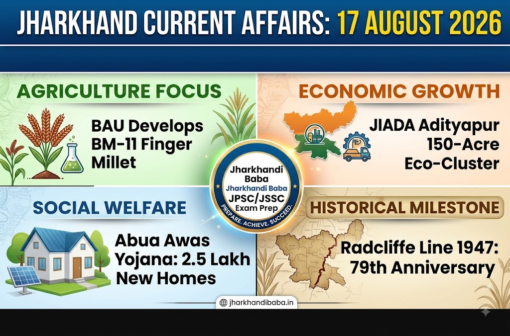 Jharkhand Current Affairs 17 August 2026 cover infographic highlighting Abua Awas Yojana, JIADA Adityapur cluster, and BAU BM-11 finger millet for JPSC and JSSC preparation