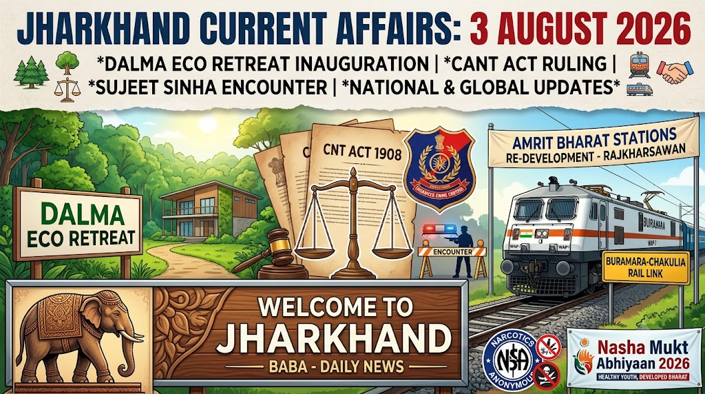 Infographic summarizing Jharkhand Current Affairs 3 August 2026 including Dalma Eco Retreat, Sujeet Sinha encounter, CNT Act ruling, and Nasha Mukt Abhiyaan.
