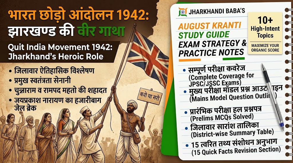 Infographic banner detailing the role of Jharkhand in the Quit India Movement 1942.