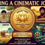 Illustration celebrating Anant Nag receiving the Dadasaheb Phalke Award 2024, highlighting his iconic roles in Malgudi Days, KGF, and the Parallel Cinema movement.