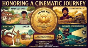 Illustration celebrating Anant Nag receiving the Dadasaheb Phalke Award 2024, highlighting his iconic roles in Malgudi Days, KGF, and the Parallel Cinema movement.