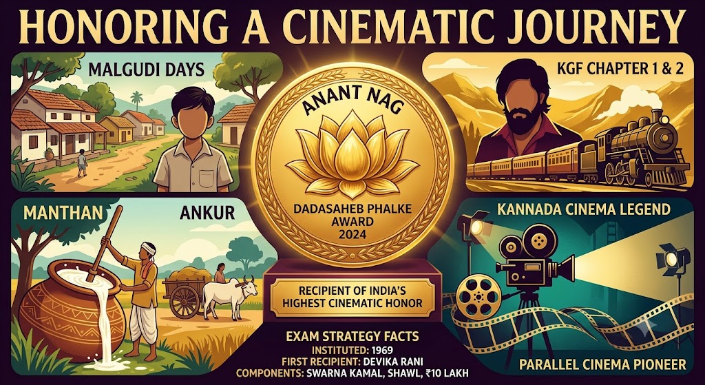 Illustration celebrating Anant Nag receiving the Dadasaheb Phalke Award 2024, highlighting his iconic roles in Malgudi Days, KGF, and the Parallel Cinema movement.