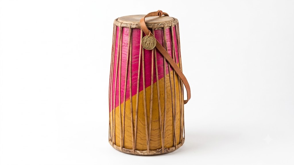 Traditional Folk Musical Instrument Mandar from Jharkhand featuring vibrant pink and yellow colors and leather straps, representing tribal culture and its new GI Tag.