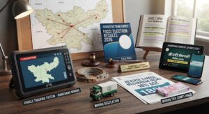Jharkhand Current Affairs 14 September 2026 desk setup with Madhya Pradesh mining GST reports, VTS tracking map, and JPSC study material